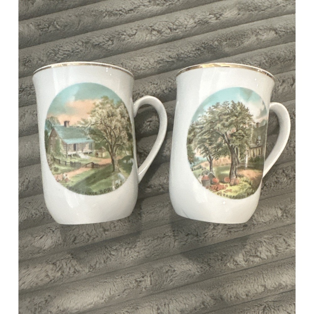 Vintage Currier & Ives Autumn And Spring Set Of 2 Cups Coffee Teacups Tea Gold